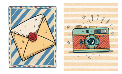 Naive drawing set of two vector images for nostalgic decor: vintage envelope and old-fashioned camera for creative projects