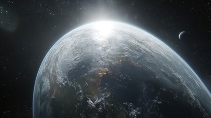 Earth rising, sunlit, from space, with moon
