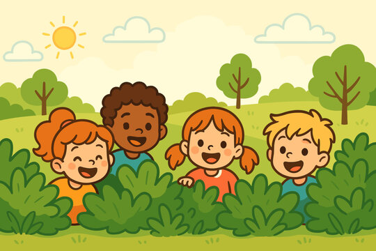 Happy multicultural children friends playing hide and seek in nature. Cute cartoon kids peeking from behind green bushes in a summer park. Childhood friendship vector concept.