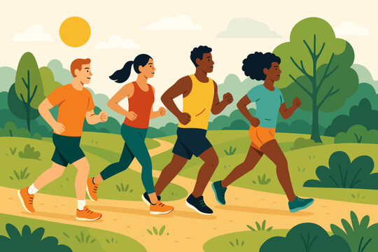 Happy diverse group of people running in a park. Men and women jogging on a scenic trail. Outdoor fitness, exercise, and healthy lifestyle concept. Marathon training vector.