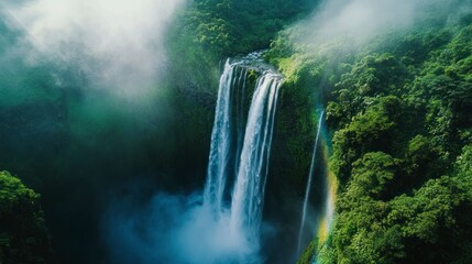 Waterfall in Lush Green Forest with Mist
