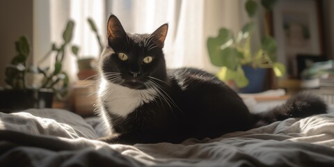 Black and white cat lounging on a bed with sunlight streaming through the window and plants nearby
