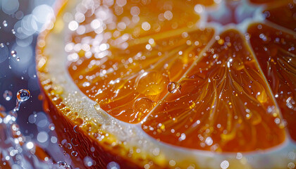 Juicy orange slice splashing with refreshing water droplets