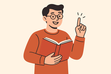 Smart young man with glasses reading a book has a brilliant idea. Happy student finds a solution. Concept of education, learning, knowledge, inspiration and eureka moment. Vector.