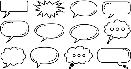 Collection of black and white comic style speech bubbles for communication and graphic design projects
