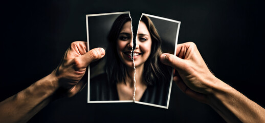 Hands Holding And Tearing Apart Photograph of Smiling Woman in Two on Dark Background 