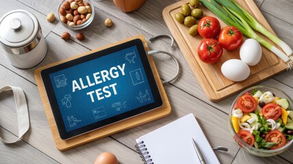Digital allergy test displayed on a tablet, surrounded by various foods.