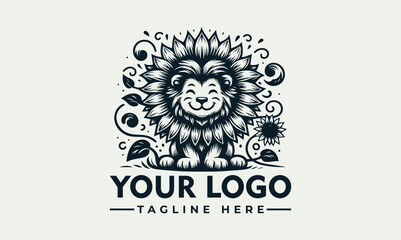 Happy lion illustration with a mane made of stylized leaves in black and white. Nature and animal concept