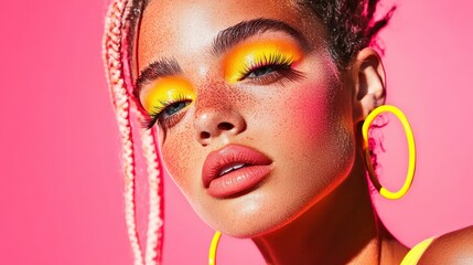Neon summer makeup for festival season — bright abstract eye look, glossy skin, and colorful hair clips