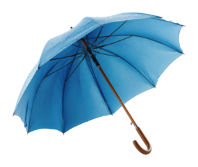 Rainy day preparation blue umbrella against raindrops still life