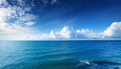 Fototapeta premium tranquil ocean serenity featuring sun kissed seascape and brilliant blue sky adorned with fluffy clouds evoking peaceful atmosphere