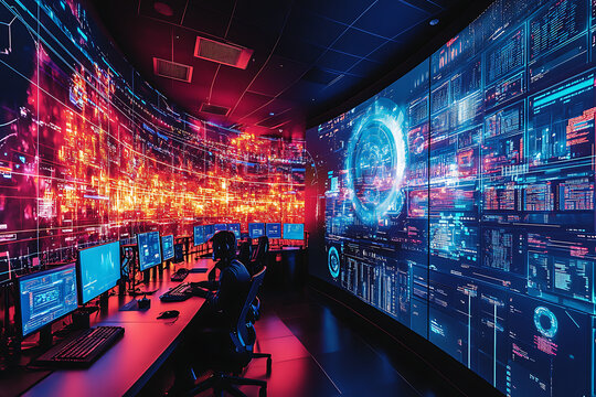 A control room with large screens displaying complex data and a person working at a computer station