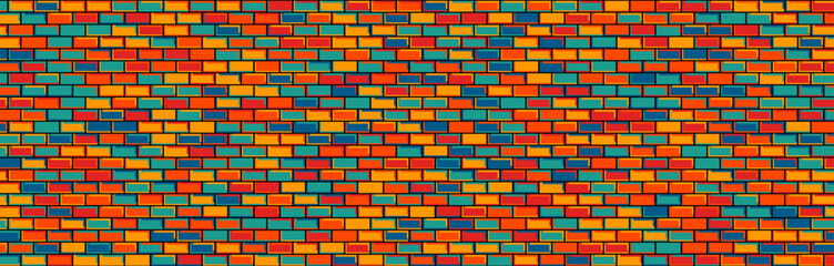 Vibrant seamless brick wall texture with red, yellow, orange, teal, and blue bricks. Perfect for backgrounds and graphic design.