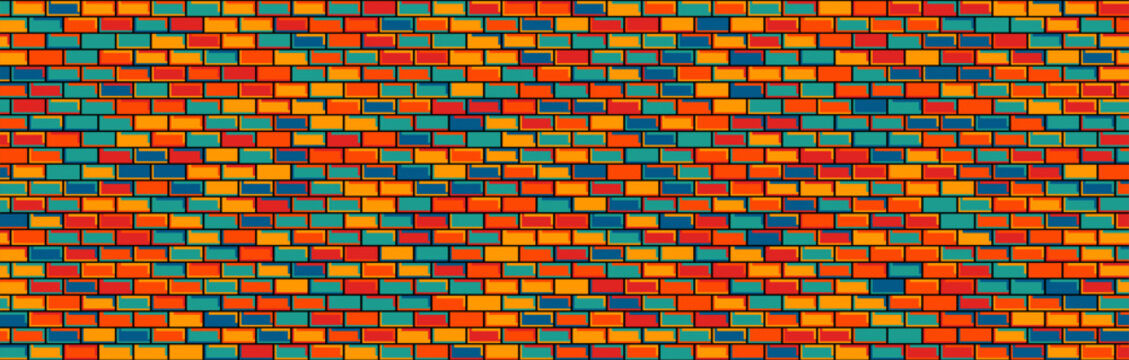 Vibrant seamless brick wall texture with red, yellow, orange, teal, and blue bricks. Perfect for backgrounds and graphic design.