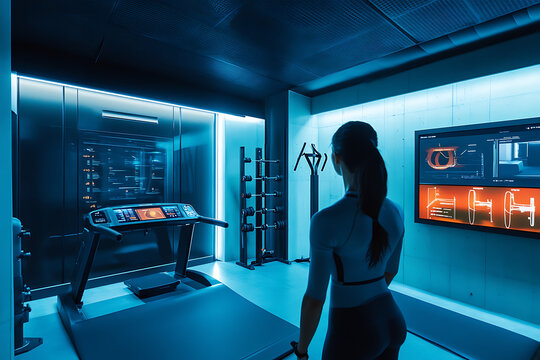 A woman in a futuristic gym with a treadmill and screens displaying data and exercise equipment