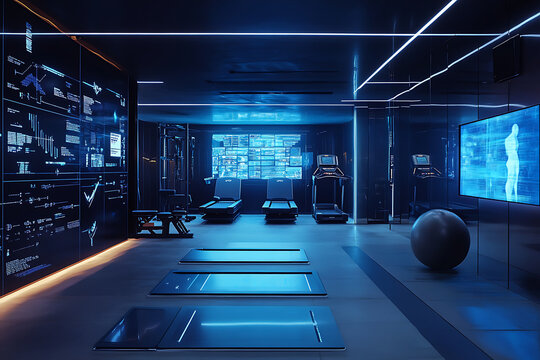 A futuristic gym with treadmills, exercise mats, and screens displaying data and body scans