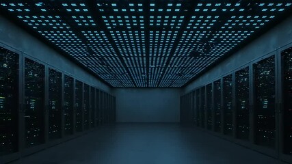 Futuristic server room animation in blue tones, data center infrastructure background - Powered by Adobe