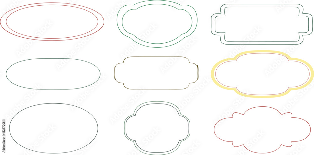 Poster collection of nine decorative border frames in various shapes and colors for design elements.