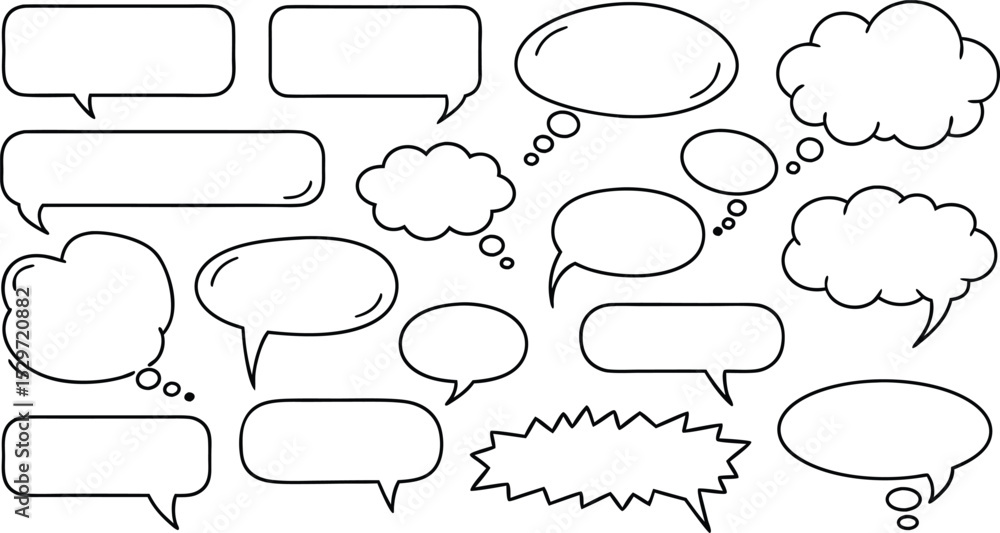Poster collection of simple outlined speech bubbles and thought clouds isolated on white background for des