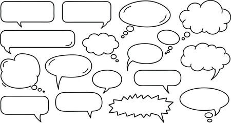Collection of simple outlined speech bubbles and thought clouds isolated on white background for design elements.