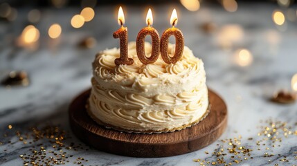 Centennial celebration cake with gold candles