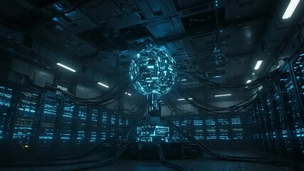 Futuristic server room with glowing digital sphere, cybernetic data center - Powered by Adobe