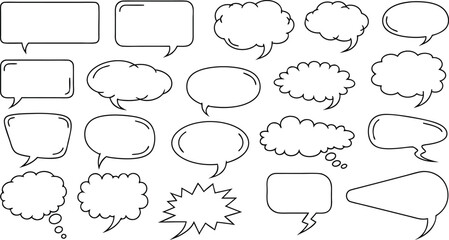 Collection of various hand drawn speech bubbles and comic book dialogue boxes isolated on white background