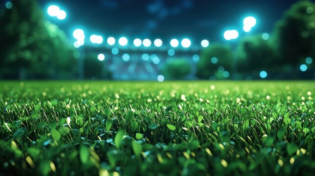Night stadium grass close up lush green field