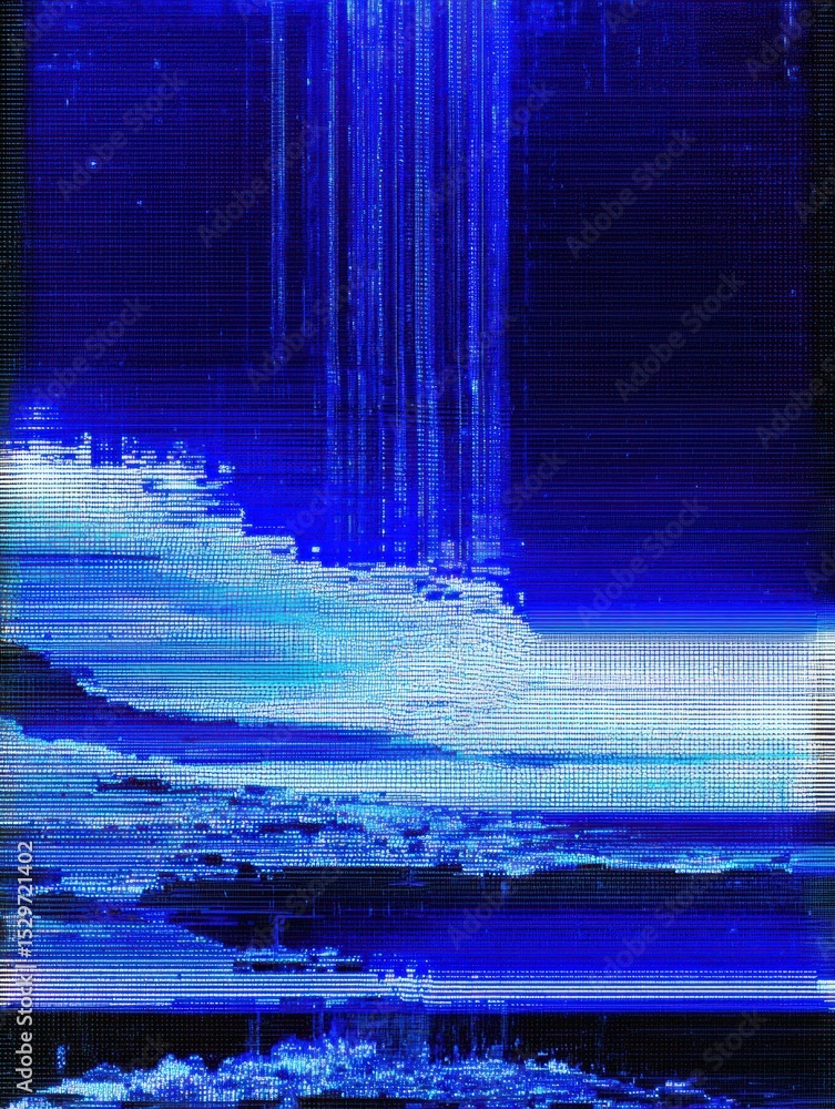 Poster Glitching Blue Screen of Death Displaying Pixelated Errors and Distortion Effects on a Dark Backdrop