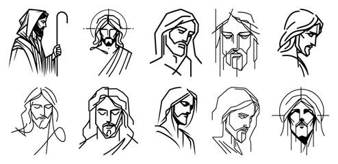 Naklejka premium line art jesus christ face icons