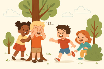 Happy multicultural children playing hide and seek game outdoors in a park. Cute cartoon kids having fun. Boy counts at tree while others hide. Childhood friendship vector.