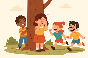 Happy diverse children playing hide and seek game outdoors in summer park. Cute multiethnic kids having fun together. Childhood friendship and activity vector illustration concept.