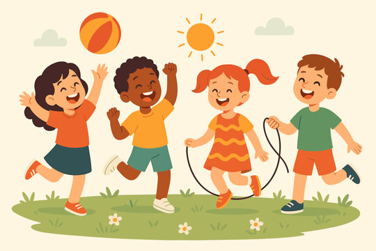 Diverse group of happy children playing together outdoors. Kids enjoying summer playtime with a ball and jump rope. Multicultural friends having fun in a sunny park. Vector cartoon.