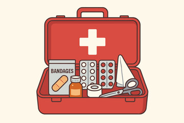 First aid kit vector illustration. Open red medical box with emergency supplies for survival and treatment. Healthcare concept with bandages, pills, scissors, tape. Safety case.