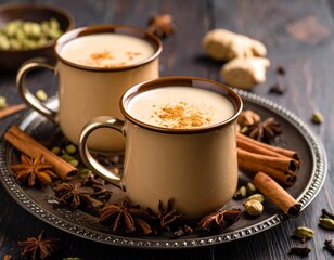 Masala chaï., thé noir très sucré mélangé avec du masala (un mélange d'épices) dans du...