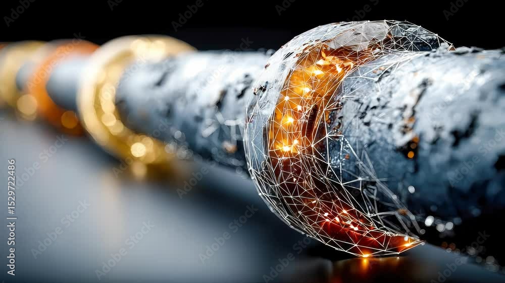 Poster conceptual view of a corroded oil pipeline with glowing digital wireframe overlays symbolizing leak 
