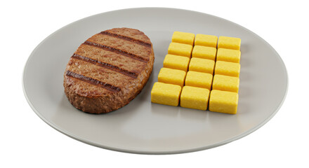 Isolated grilled steak with potato cubes