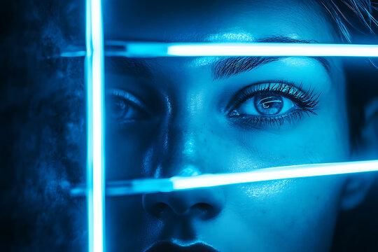A woman's face illuminated by blue neon lights creating a futuristic and artistic portrait view