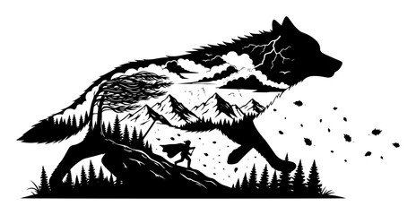 wolf running with mountain landscape double exposure © Mago