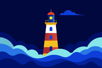 Flat Vector Illustration of a Colorful Lighthouse at Night with Stylized Ocean Waves and Glowing Light
