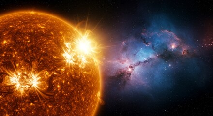Fototapeta premium Abstract 3D Rendering of Sun with Flares and Nebula in Space