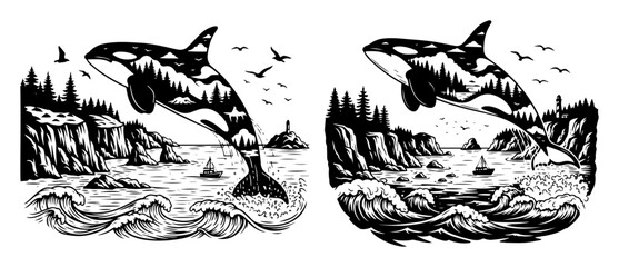 double exposure orca whale with rocky sea coast