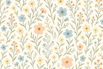 Vintage floral seamless pattern with delicate hand drawn wildflowers. Botanical summer garden illustration. Nature background with pastel flowers for textile, fabric, wrapping paper.