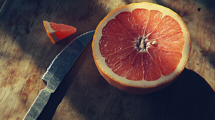Grapefruit Slice: Captivating close-up of a vibrant grapefruit half with a segment, a culinary knife, and a sunlit wooden cutting board, inviting the viewer to savor the scene