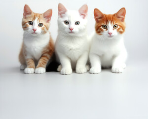 Three adorable kittens sitting together on a light gray background showcasing their playful nature