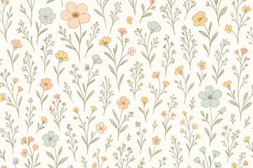 Vintage wildflower seamless pattern. Hand-drawn botanical illustration with delicate pastel flowers. Spring meadow floral background for fabric, textile, wallpaper, and stationery.