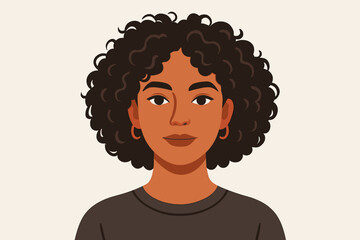 Portrait of a beautiful young black woman with curly afro hair. African American girl avatar. Modern flat vector illustration. Concept for diversity, natural beauty, empowerment.