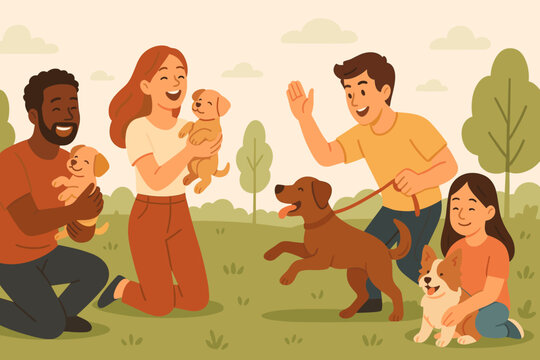 Happy diverse people celebrating National Dog Day in the park. Multiethnic group of friends and family playing with puppies and pets. Pet adoption and animal care concept. - Powered by Adobe