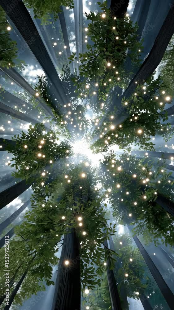 Poster sunlight filtering through tall trees creates a magical atmosphere in a serene forest