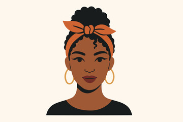 Portrait of a beautiful Black woman with natural curly hair. African American girl with an afro puff hairstyle, headscarf and hoop earrings. Modern flat vector avatar design.